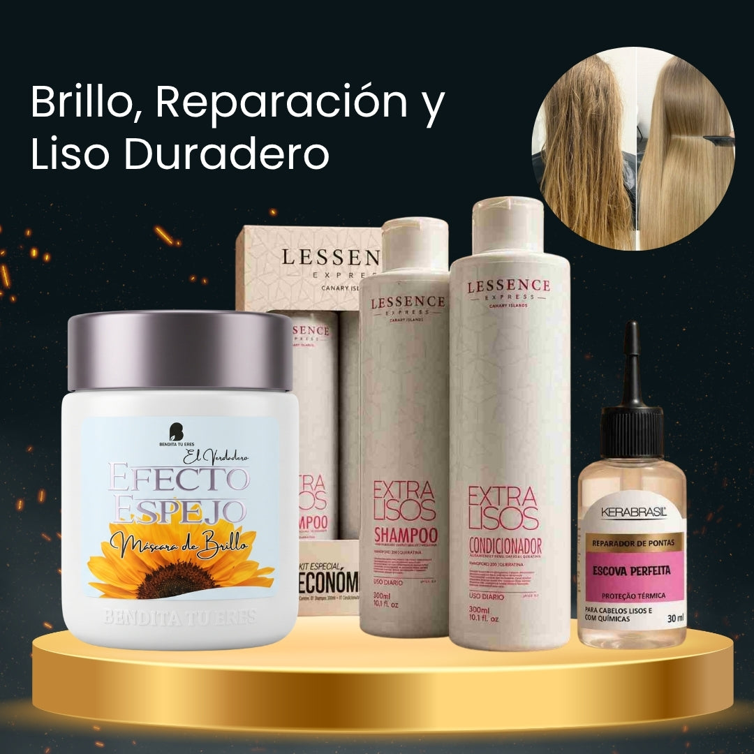 Máscara Efecto Espejo Bendita Tu Eres + Kit Extra Lisos Lessence + Reparador de Puntas Kerabrasil · 3 productos — Quema de San Juan