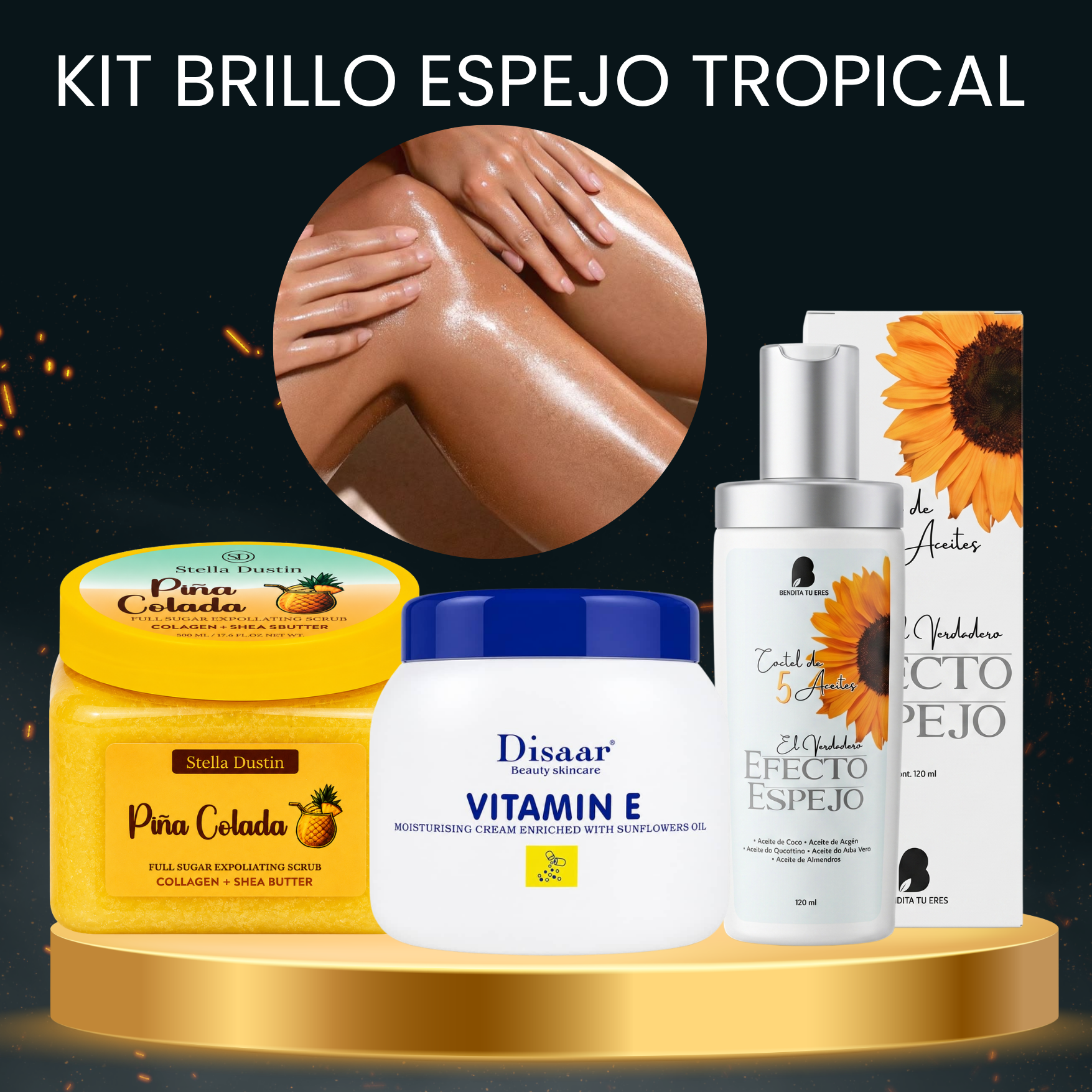 Aceite Efecto Espejo Bendita Tu Eres + Exfoliante Corporal Stella Dustin + Crema Hidratante Vitamin E Disaar · 3 productos — Quema de San Juan