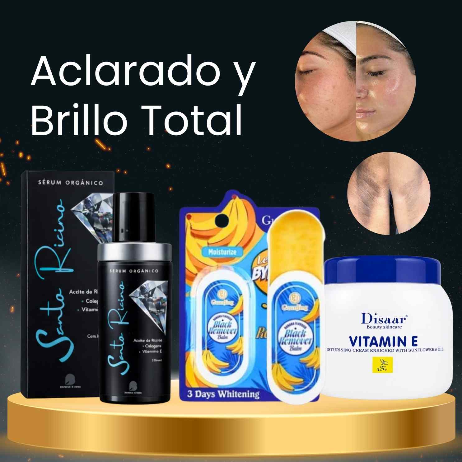 Serum de Ricino Bendita Tu Eres + Crema Hidratante Vitamin E Disaar + Bálsamo Aclarador Corporal Banana Guanjig · 3 productos — Quema de San Juan