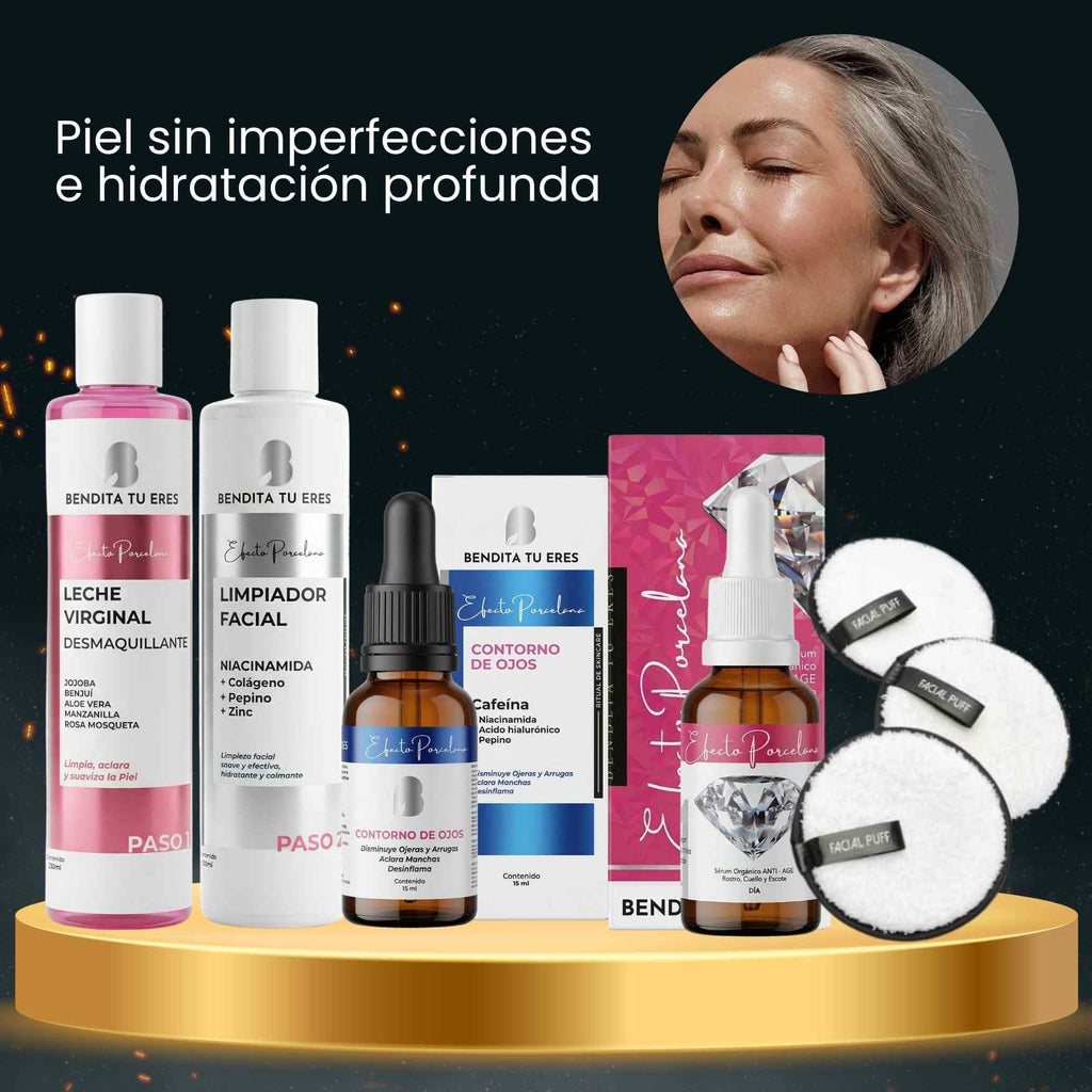 Serum Efecto Porcelana Día Bendita Tu Eres + Leche Virginal Desmaquillante Bendita Tu Eres + Limpiador Facial Bendita Tu Eres + Contorno de Ojos Efecto Porcelana + Esponja para Maquillaje Rubyface · 5 productos — Quema de San Juan