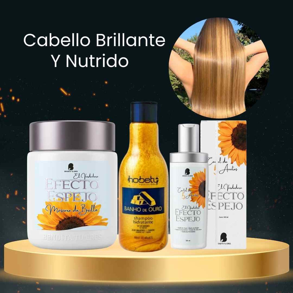 Shampoo Banho de Ouro Hobety + Aceite Efecto Espejo Bendita Tu Eres + Máscara Efecto Espejo Bendita Tu Eres · 3 productos — Quema de San Juan