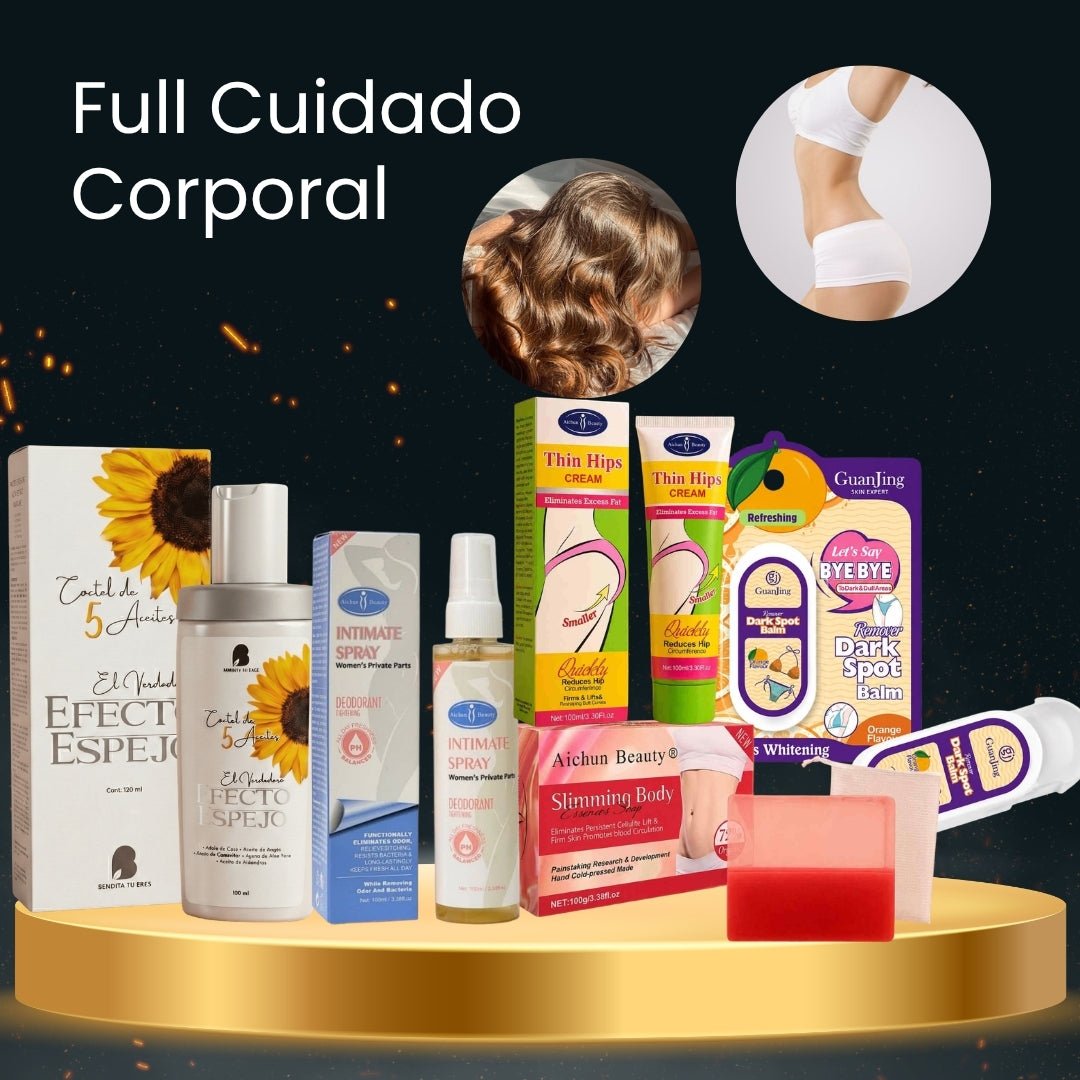 Aceite Efecto Espejo Bendita Tu Eres + Desodorante Íntimo Aichun + Crema Reductora de Caderas Aichun + Bálsamo Aclarador Guanjing Orange + Jabón Reafirmante Aichun Beauty · 5 productos — Quema de San Juan - Blondas | Blondas Paraguay