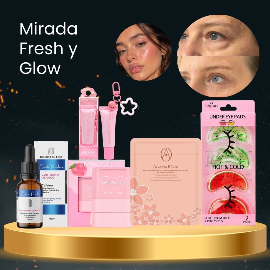 Contorno de Ojos Bendita Tu Eres + Parches de Ojos Hot & Cold Rubyface + Blush en Barra Kevin&Coco + Mascarilla Hidratante Ayvanna Rever + Lip Balm Kevin&Coco · 5 productos — Quema de San Juan - Blondas | Blondas Paraguay
