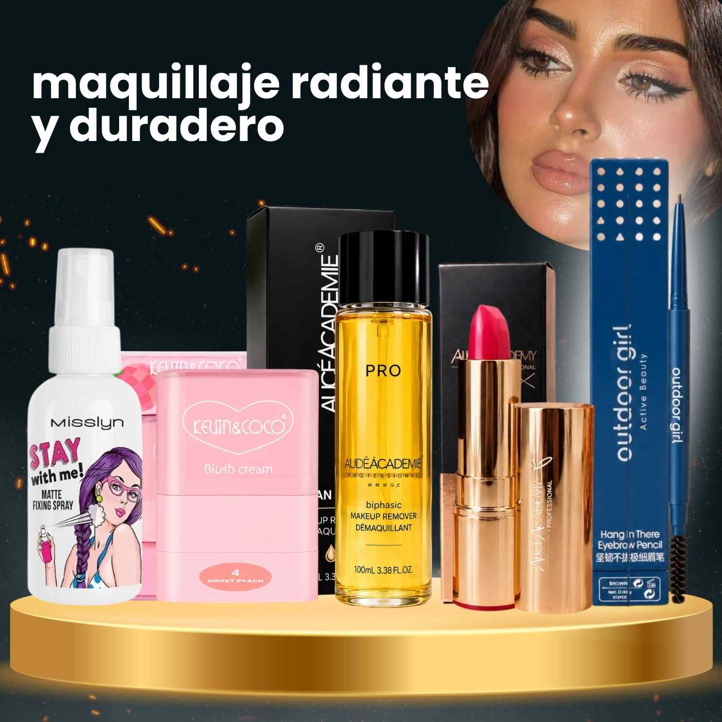 Desmaquillante Clean It All Alice Academy + Labial Alice Academy + Fixing Spray Stay Matte Misslyn + Blush en Barra Kevin&Coco + Delineador de Cejas Ultra Fine Outdoor Girl · 5 productos — Quema de San Juan - Blondas | Blondas Paraguay