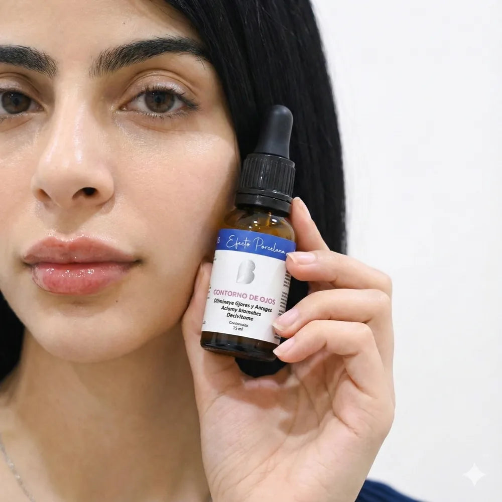 Contorno de Ojos Efecto Porcelana 15 ml con gotero en la mano