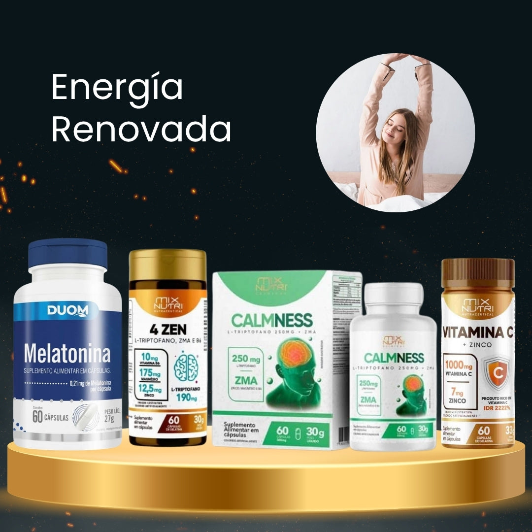 Melatonina Duom 60 Cápsulas + 4 Zen Mix Nutri 60 Cápsulas + Calmness Mix Nutri 60 Cápsulas + Vitamina C + Zinc Mix Nutri 60 Cápsulas · 4 productos — Quema de San Juan