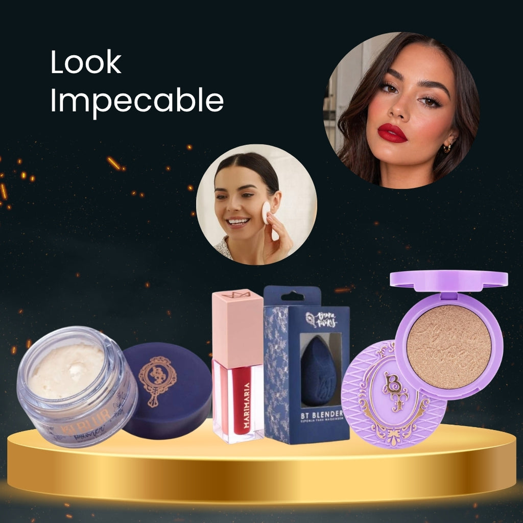 Pre Base Matificante BT Blur + Labial Líquido Matte Blazing Mari Maria + Iluminador BT Light Champagne + Esponja BT Sponge Blender + Espátula Aplicadora 2en1 Rubyface · 5 productos — Quema de San Juan