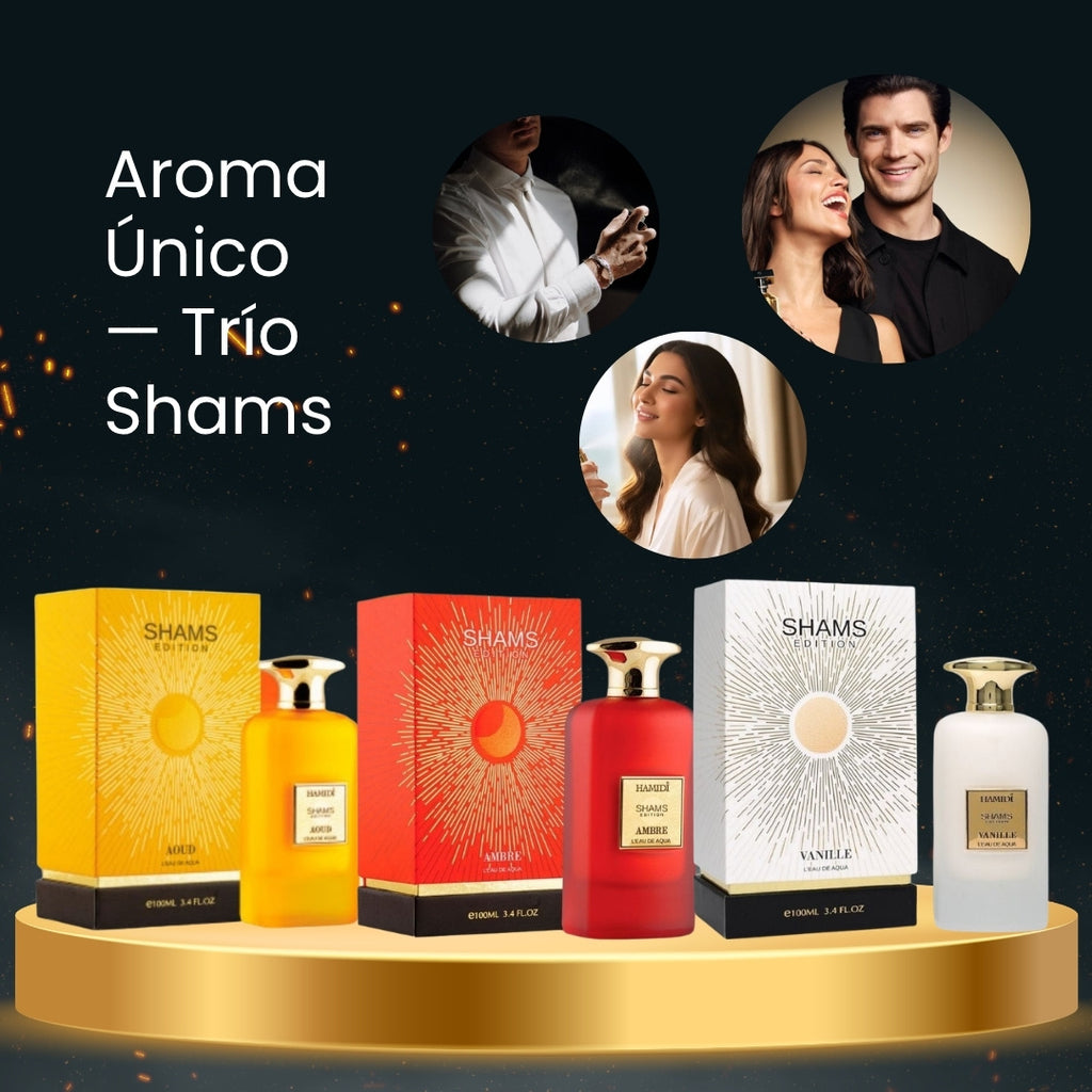 Perfume Shams Aoud Leau De Aqua Hamidi + Perfume Shams Ambre Leau De Aqua Hamidi + Perfume Shams Vanille Leau De Aqua Hamidi · 3 productos — Quema de San Juan