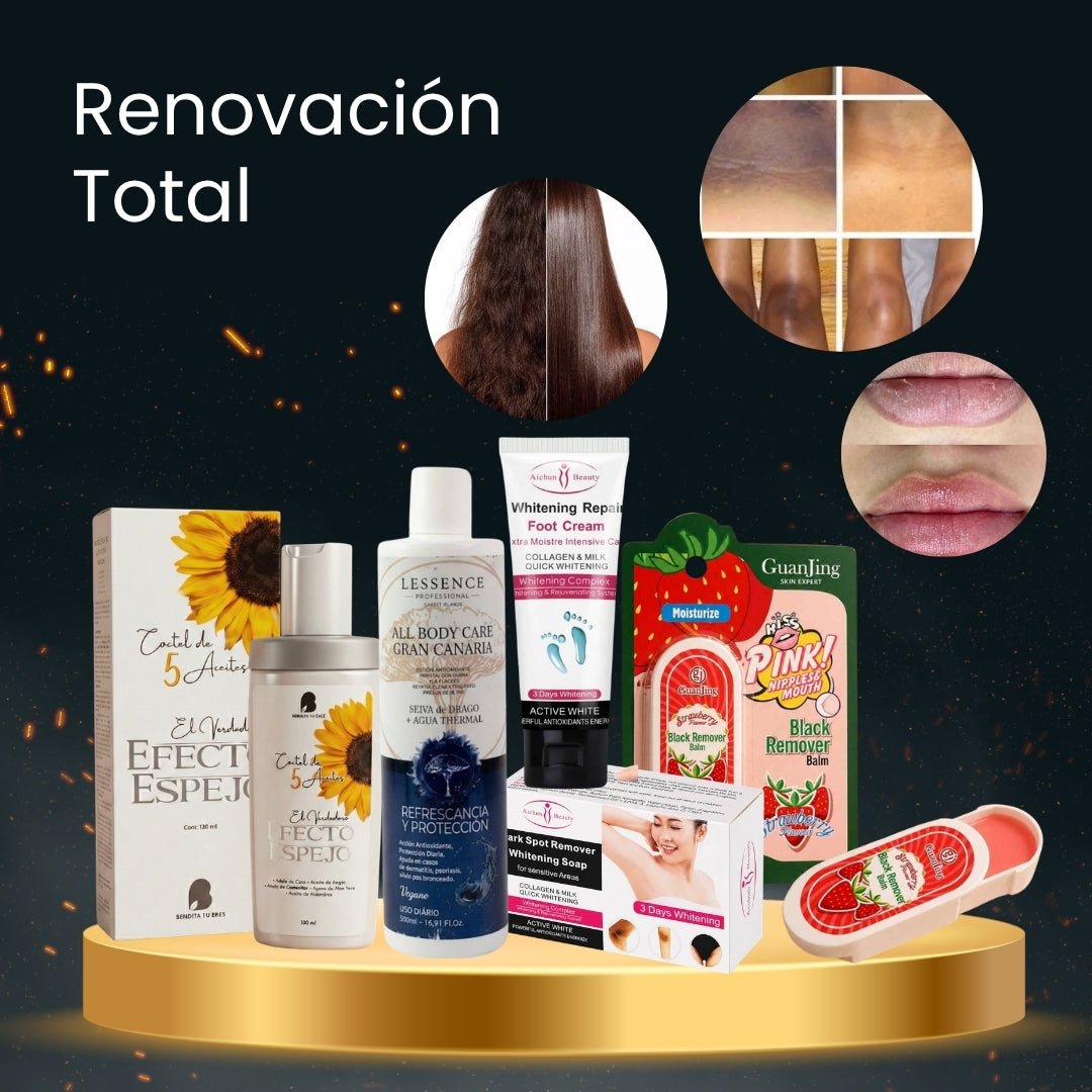 Aceite Efecto Espejo Bendita Tu Eres + Jabón Aclarante 3 Days Aichun Beauty + Bálsamo Aclarador Labios Guanjing + Loción Corporal Lessence Gran Canaria + Crema Reparadora Pies Aichun Beauty · 5 productos — Quema de San Juan