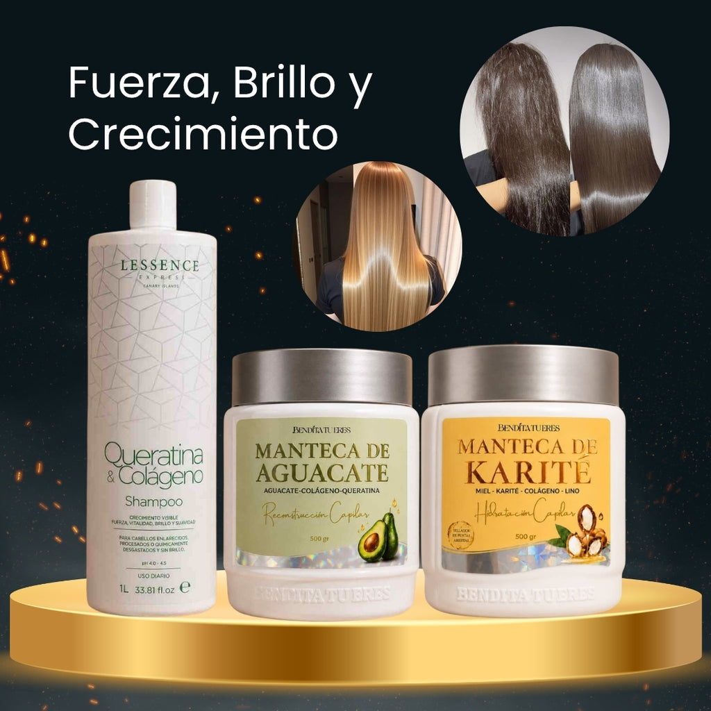 Manteca Capilar de Aguacate Bendita Tu Eres + Shampoo Queratina & Colágeno Lessence + Manteca Capilar de Karité Bendita Tu Eres · 3 productos — Quema de San Juan