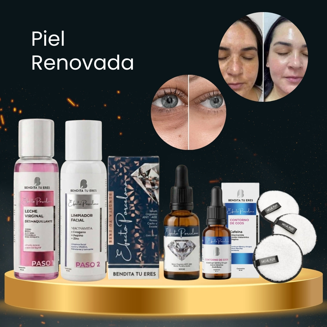 Serum Noche Efecto Porcelana Bendita Tu Eres + Contorno de Ojos Efecto Porcelana + Leche Virginal Desmaquillante Travel + Limpiador Facial Travel Bendita Tu Eres + Esponja para Maquillaje Rubyface · 5 productos — Quema de San Juan