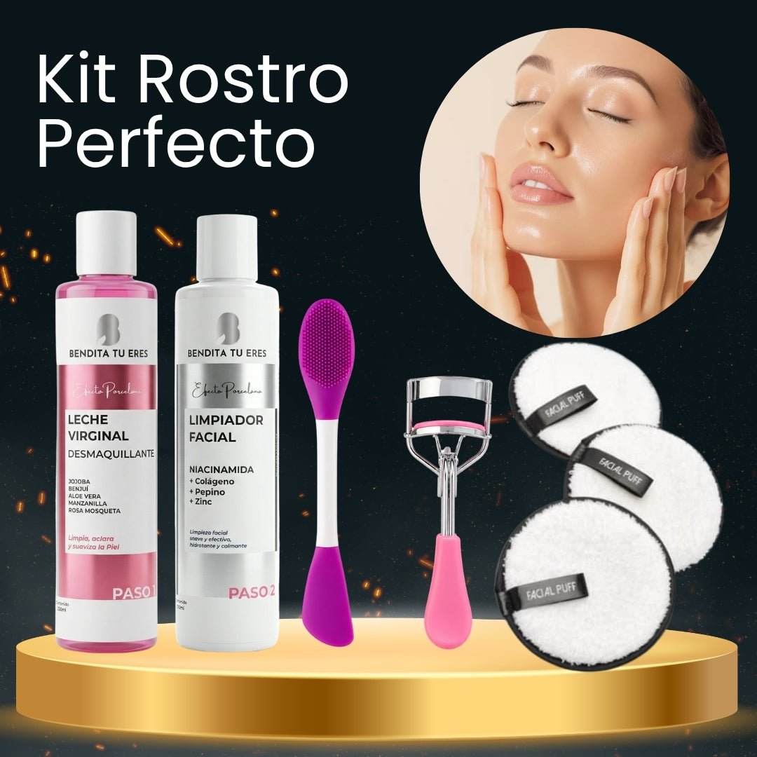 Leche Desmaquillante Bendita Tu Eres + Limpiador Facial Bendita Tu Eres + Arqueador de Pestañas Rubyface + Esponja para Maquillaje Rubyface + Espátula para Mascarillas Rubyface · 5 productos — Quema de San Juan - Blondas | Blondas Paraguay