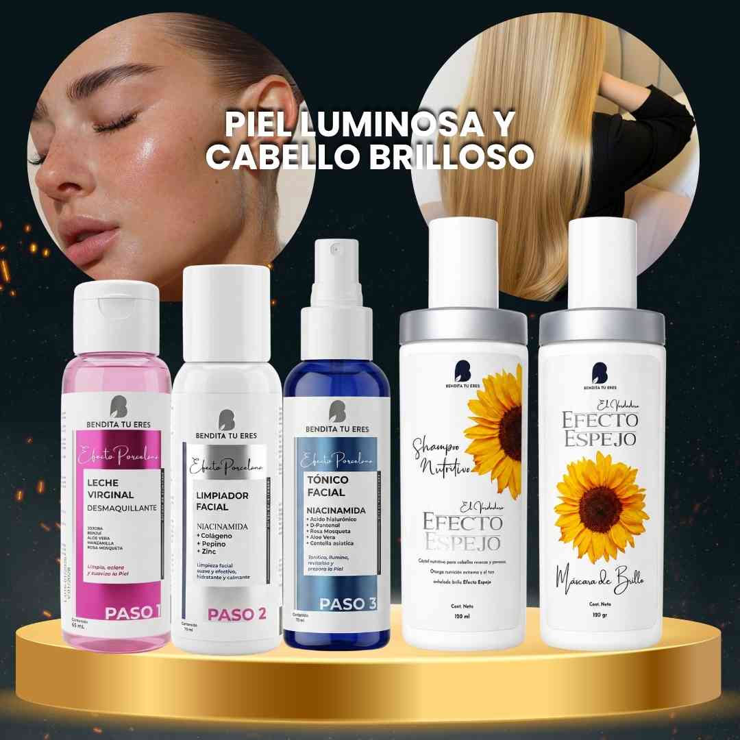 Leche Virginal Desmaquillante Bendita + Tónico Niacinamida Bendita Tu Eres + Limpiador Facial Bendita Tu Eres + Máscara Efecto Espejo Bendita Tu Eres + Shampoo Efecto Espejo Bendita Tu Eres · 5 productos — Quema de San Juan - Blondas | Blondas Paraguay