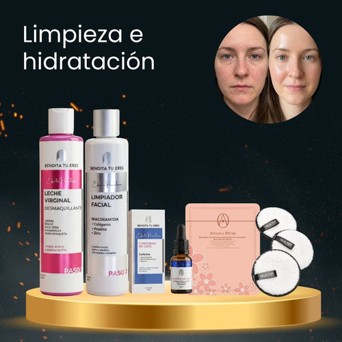 Leche Virginal Desmaquillante Bendita Tu Eres + Limpiador Facial Bendita Tu Eres + Esponja Facial Desmaquillante Rubyface + Contorno de Ojos Efecto Porcelana + Mascarilla Hidratante Ayvanna Rever · 5 productos — Quema de San Juan