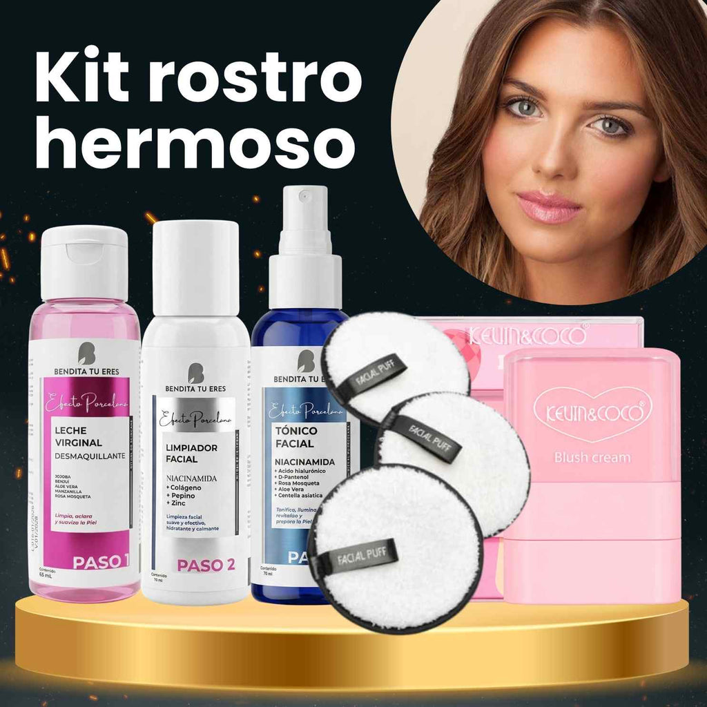 Leche Virginal Desmaquillante Bendita Tu Eres + Limpiador Facial Bendita Tu Eres + Tónico de Niacinamida Bendita Tu Eres + Blush en Barra Kevin&Coco + Esponja para Maquillaje Rubyface · 5 productos — Quema de San Juan - Blondas | Blondas Paraguay