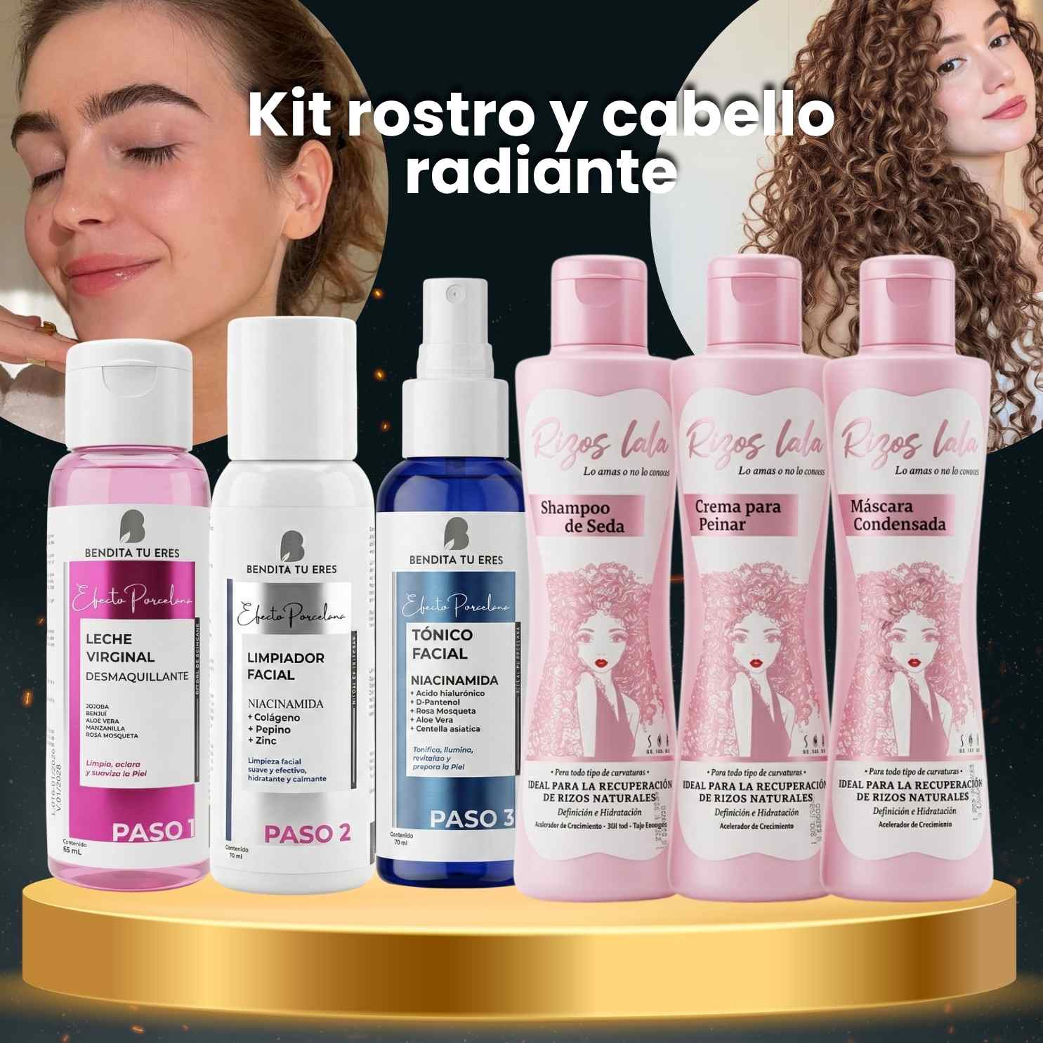 Leche Virginal Desmaquillante Bendita Tu Eres + Limpiador Facial Bendita Tu Eres + Tónico de Niacinamida Bendita Tu Eres + Crema para Peinar Rizos Lala + Shampoo Rizos Lala + Máscara Condensada Rizos Lala · 6 productos — Quema de San Juan - Blondas | Blondas Paraguay