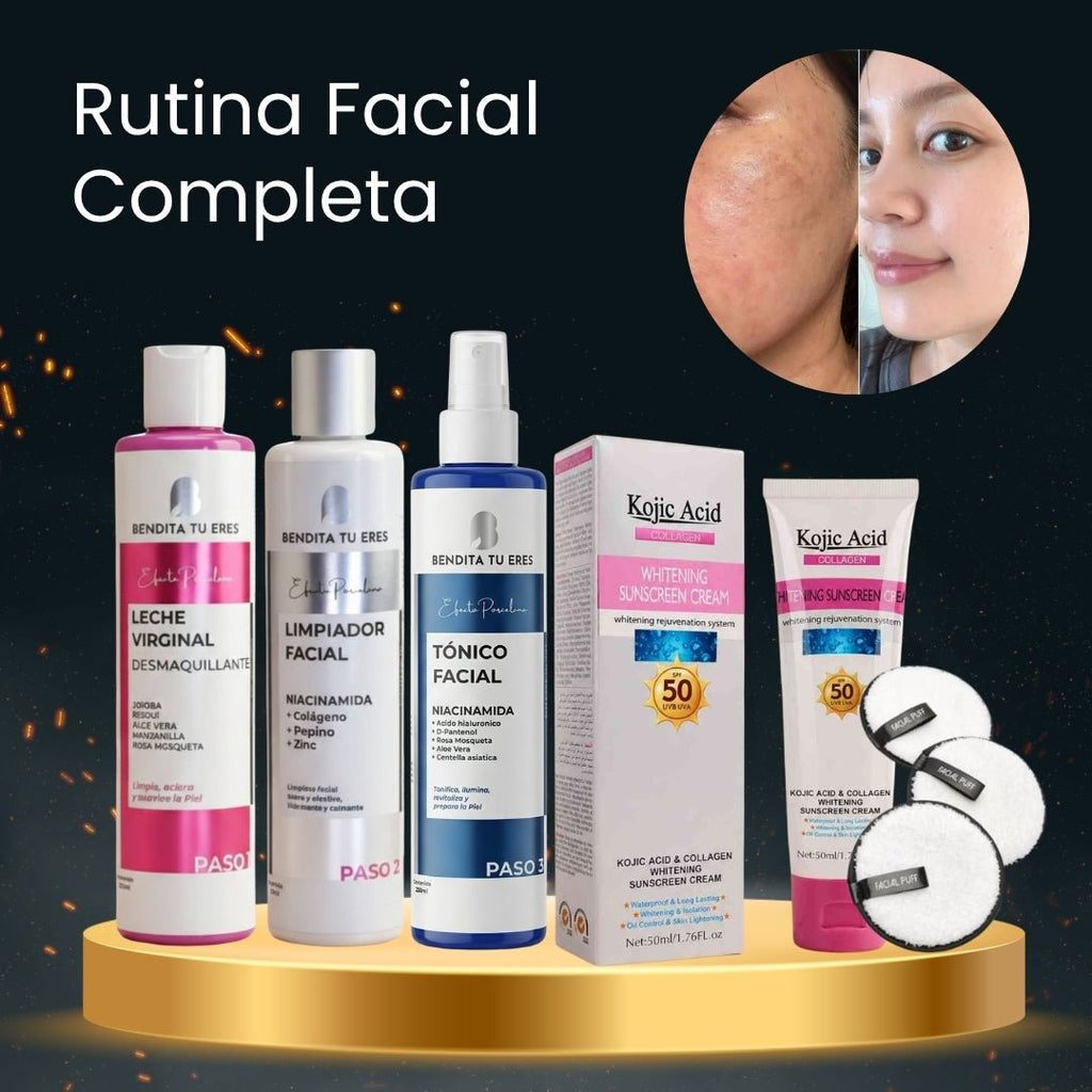Leche Virginal Desmaquillante Bendita Tu Eres + Limpiador Facial Bendita Tu Eres + Tónico de Niacinamida Bendita Tu Eres + Protector Solar Kojic Acid Guanjing + Esponja para Maquillaje Rubyface · 5 productos — Quema de San Juan - Blondas | Blondas Paraguay