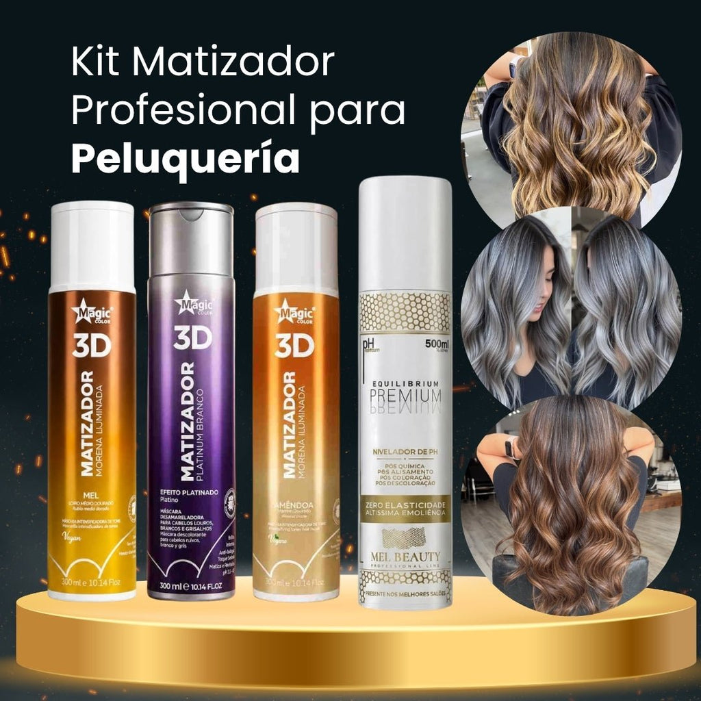 Matizador Café Expresso Magic Color 3D + Matizador Almendra Magic Color 3D + Matizador Miel Magic Color 3D + Matizador Gris Magic Color 3D + Nivelador de pH Mel Beauty Forever Queen · 5 productos — Quema de San Juan - Blondas | Blondas Paraguay