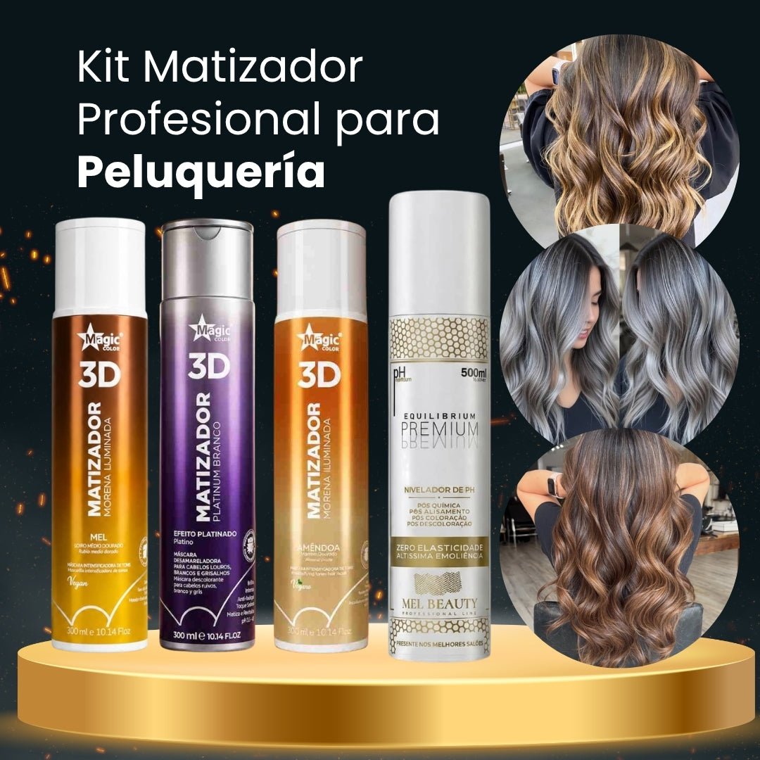 Matizador Café Expresso Magic Color 3D + Matizador Almendra Magic Color 3D + Matizador Miel Magic Color 3D + Matizador Gris Magic Color 3D + Nivelador de pH Mel Beauty Forever Queen · 5 productos — Quema de San Juan - Blondas | Blondas Paraguay