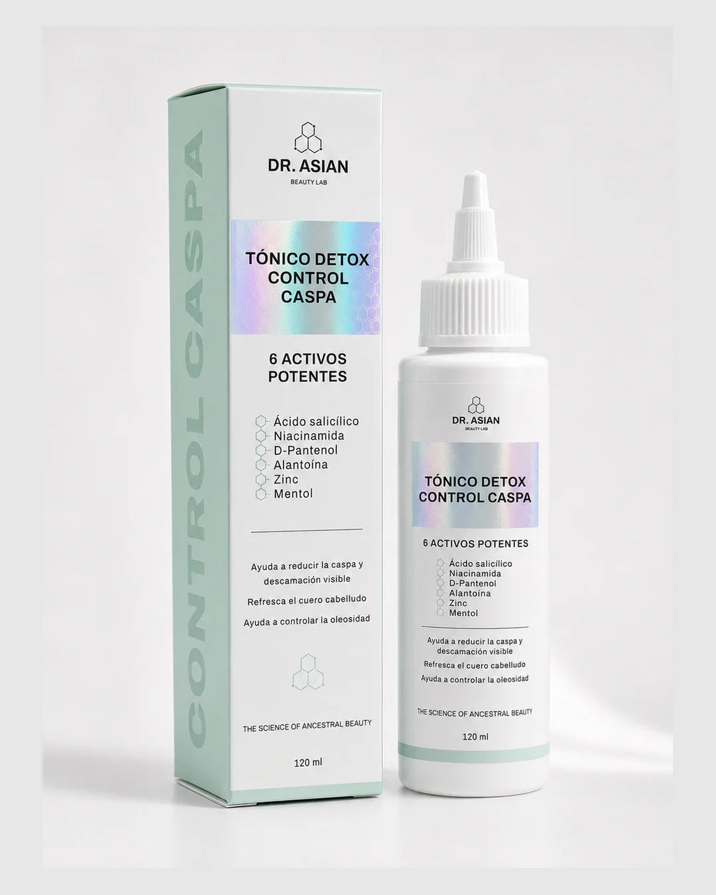 Caja y frasco del Tónico Detox Control Caspa Dr. Asian 120 ml