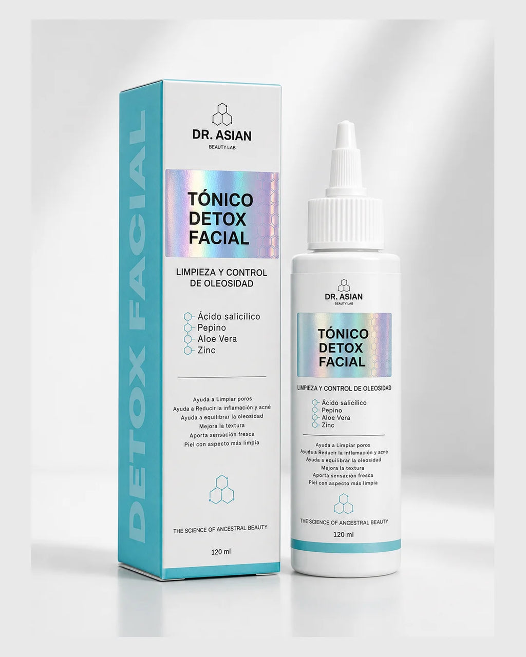 Caja y frasco del Tónico Detox Facial Dr. Asian 120 ml