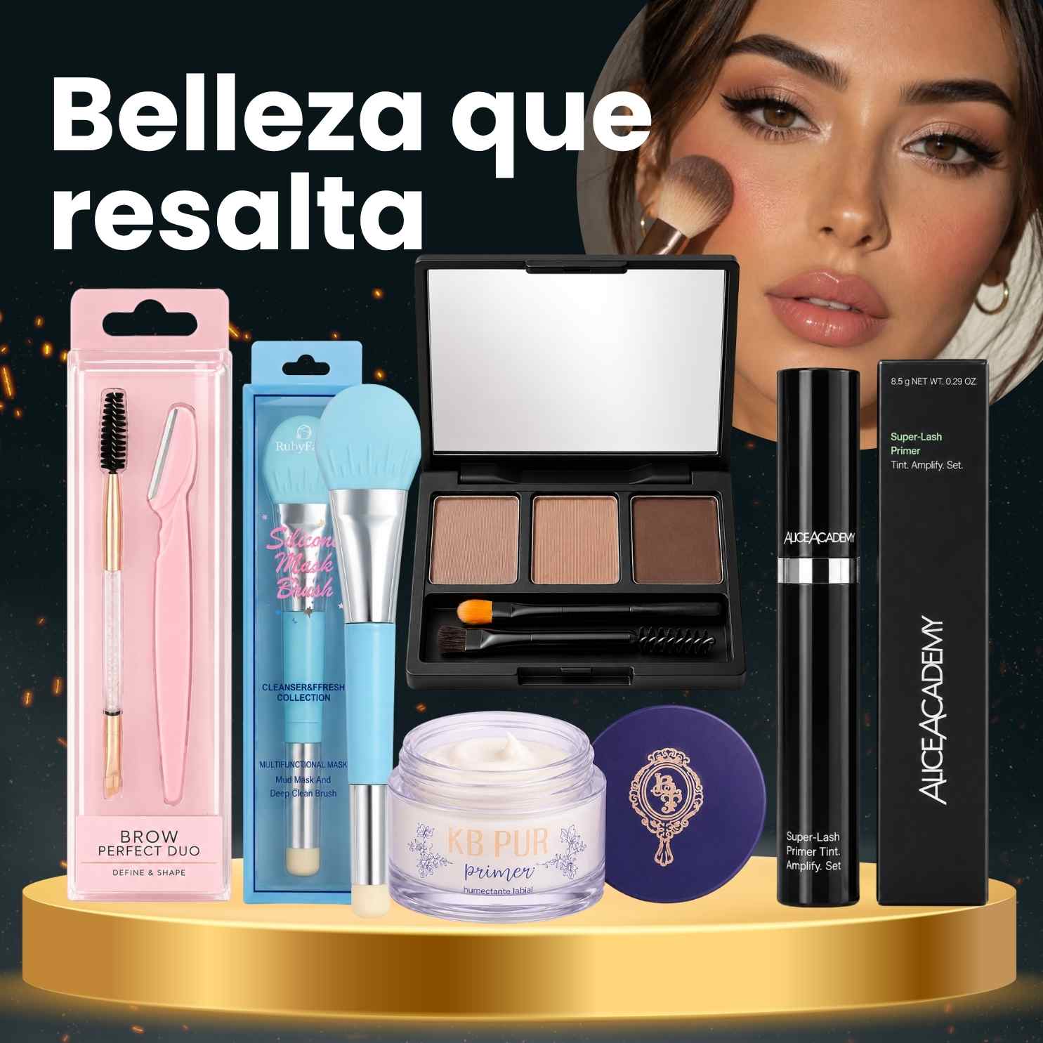 Rímel Alice Academy + Trio de Sombras para Cejas Alice Academy + Pre Base Matificante BT Blur + Kit Pincel y Navaja Rubyface + Espátula Aplicadora Facial Rubyface · 5 productos — Quema de San Juan - Blondas | Blondas Paraguay