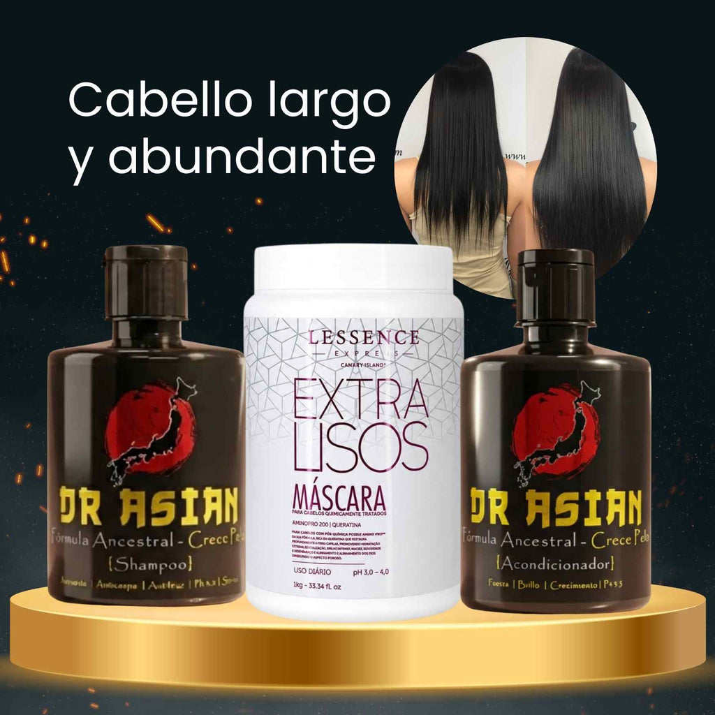 Shampoo Crece Pelo Dr Asian + Acondicionador Crece Pelo Dr Asian + Máscara Extra Lisos Lessence · 3 productos — Quema de San Juan