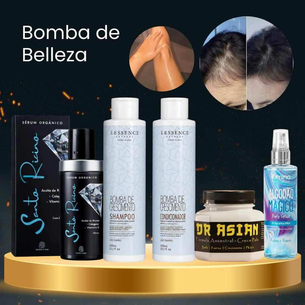 Serum Multifuncional de Ricino Bendita + Máscara Crece Pelo Dr Asian + Kit Bomba de Crecimiento Lessence + Body Splash Algodón Mágico Lumina · 4 productos — Quema de San Juan - Blondas | Blondas Paraguay