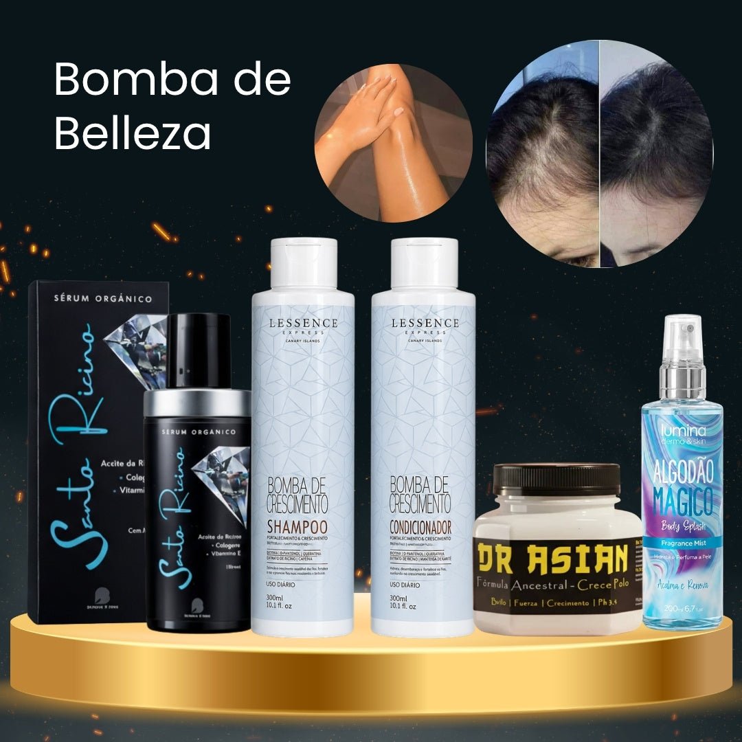 Serum Multifuncional de Ricino Bendita + Máscara Crece Pelo Dr Asian + Kit Bomba de Crecimiento Lessence + Body Splash Algodón Mágico Lumina · 4 productos — Quema de San Juan - Blondas | Blondas Paraguay