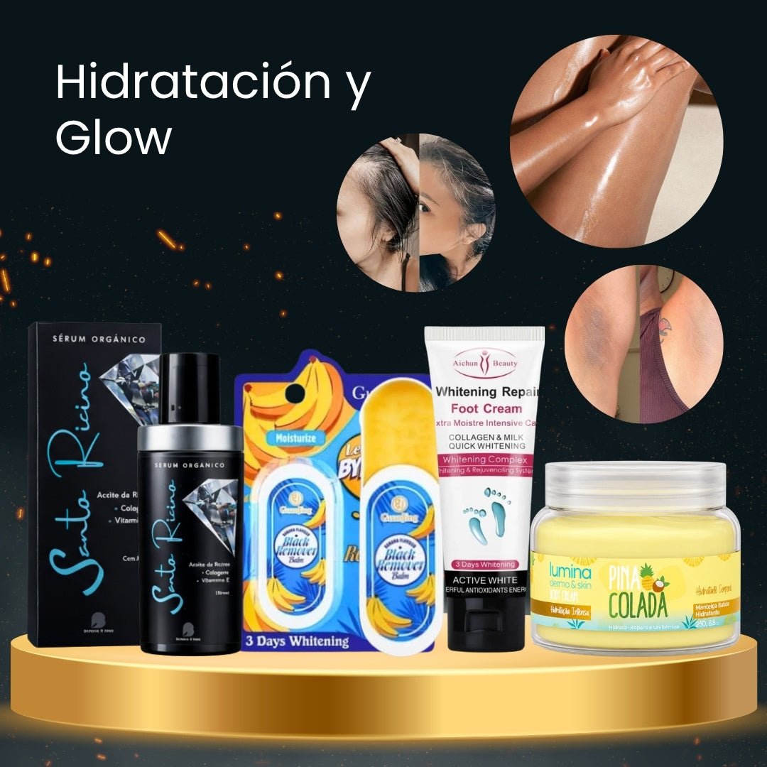 Serum Multifuncional de Ricino Bendita Tu Eres + Hidratante Corporal Piña Colada Lumina + Bálsamo Aclarador Corporal Banana Guanjig + Crema Reparadora para Pies Aichun Beauty · 4 productos — Quema de San Juan - Blondas | Blondas Paraguay