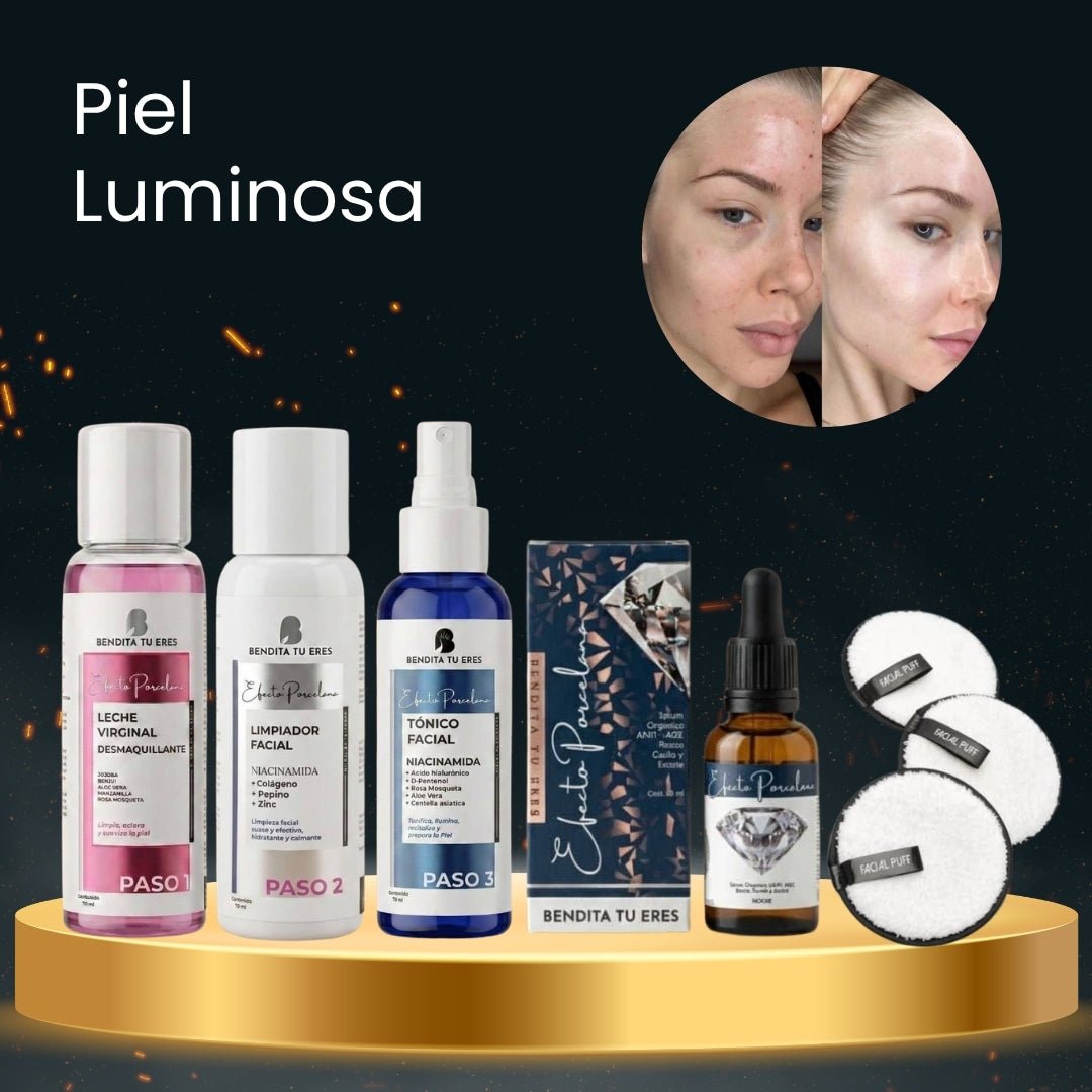 Serum Noche Efecto Porcelana Bendita Tu Eres + Leche Virginal Desmaquillante Bendita Tu Eres + Tónico Niacinamida Bendita Tu Eres + Limpiador Facial Bendita Tu Eres + Esponja para Maquillaje Rubyface · 5 productos — Quema de San Juan - Blondas | Blondas Paraguay