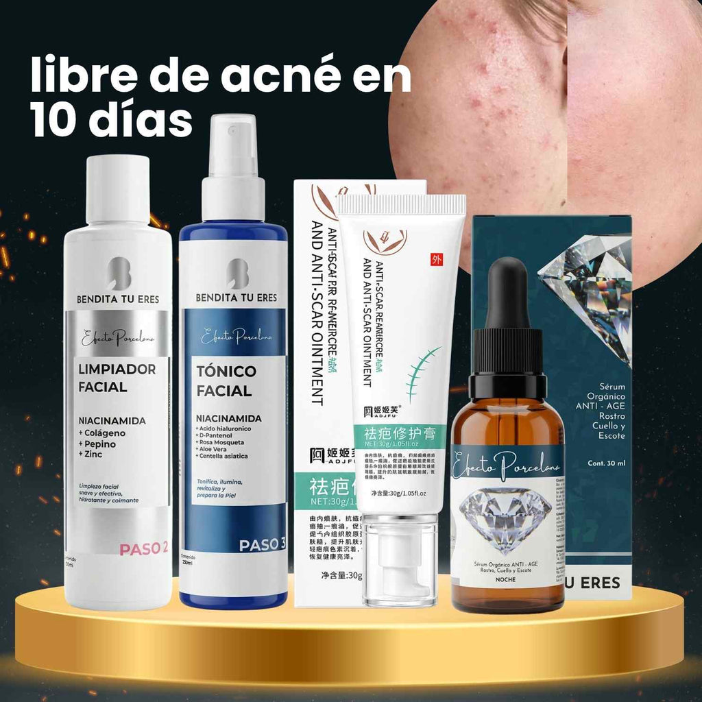 Serum Noche Efecto Porcelana Bendita Tu Eres + Tónico Facial Niacinamida Bendita Tu Eres + Crema Reparadora Anti Cicatrices + Limpiador Facial Bendita Tu Eres · 4 productos — Quema de San Juan - Blondas | Blondas Paraguay
